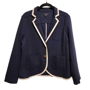 LANDS END BUTTON SWEATER BLAZER CARDIGAN KNIT BLEND NAVY BLUE POCKETS WOMAN' 10P